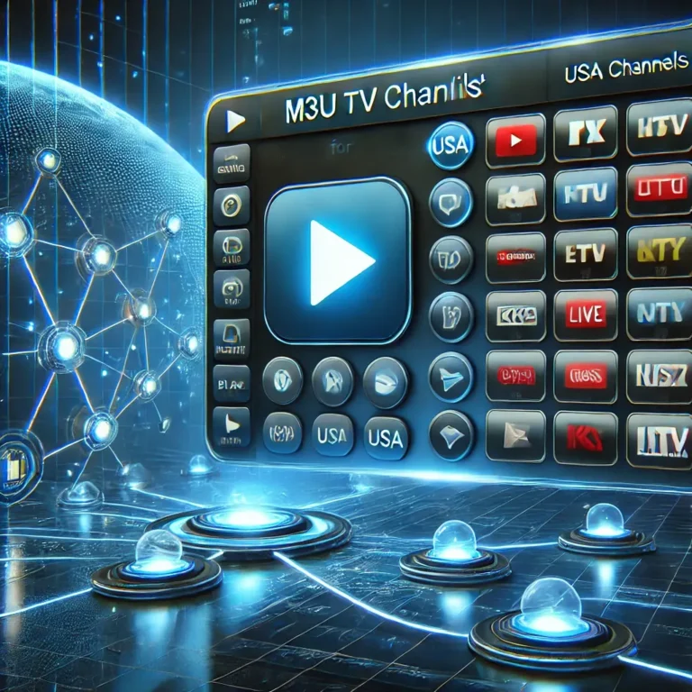 M3U IPTV USA streaming interface displaying a playlist of live American TV channels with a modern digital design.